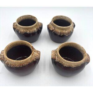 Set Of 4 Vintage Brown & Cream Glazed Ceramic Soup Bowls With Handles